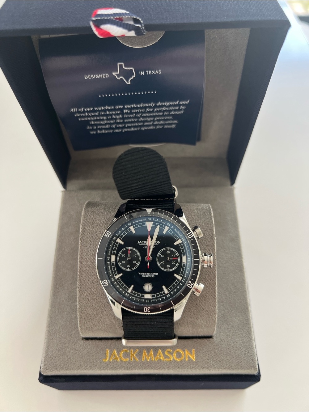 New Jack Mason 45mm Nautical Black Chronograph Men’s Watch, Black Nylon Strap